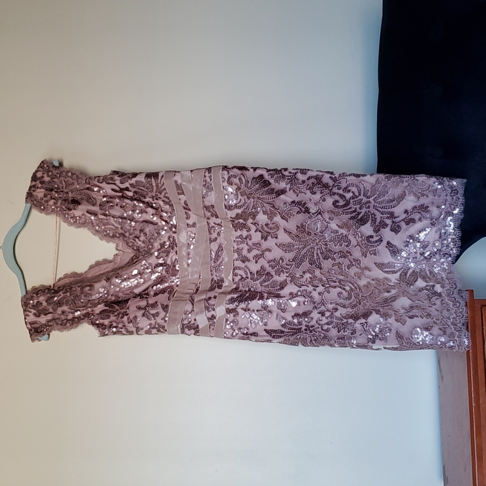 Tadashi Shoji nude champagne rose gold sequin dress
